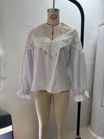 Women's Lace Stitching Puff Sleeve Pleated Blouse