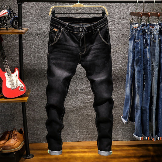 Slim Fit Stretch Small Straight Stone-Washed Solid Color Pants for Men