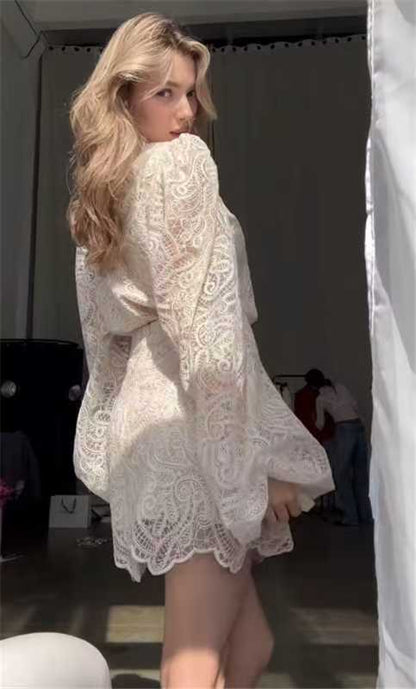 Spring Elegant Lantern Sleeve Lace Skirt Two Piece Set New Arrivals