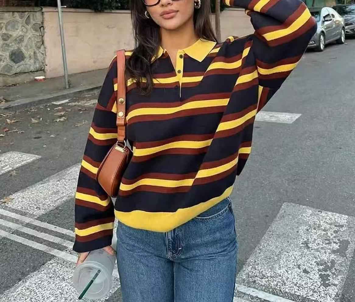 All Matching Striped Polo Collar Knitwear Sweater