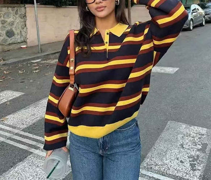 All Matching Striped Polo Collar Knitwear Sweater