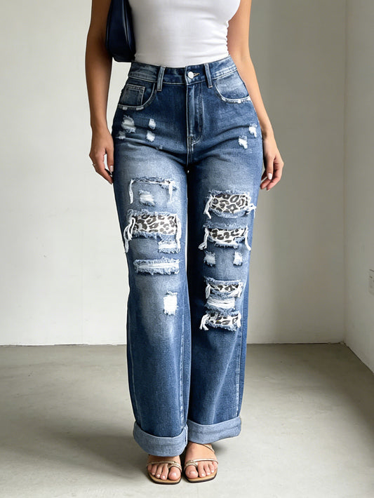 High Waist Jeans Leopard Patch Ripped Retro
