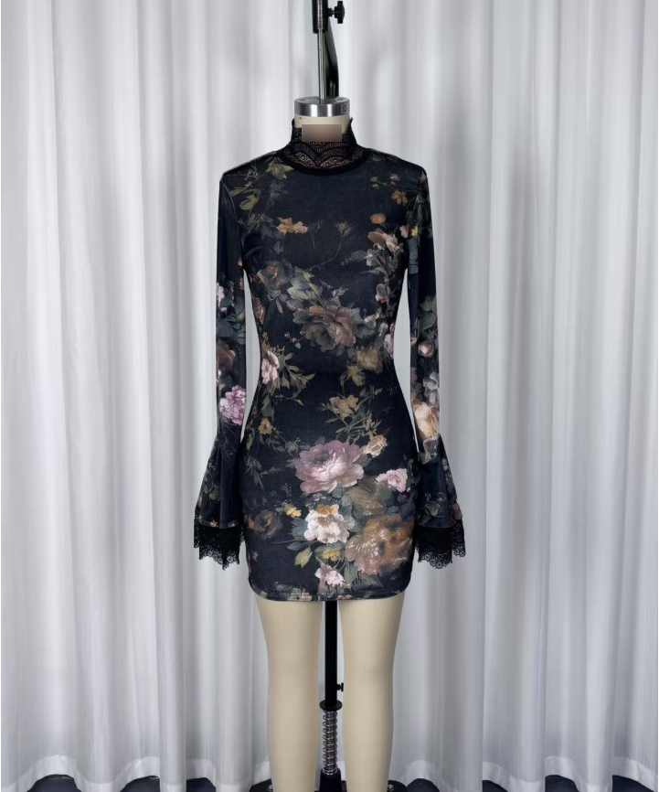 Retro Elegant Floral Print Lace Patchwork Flared Dress
