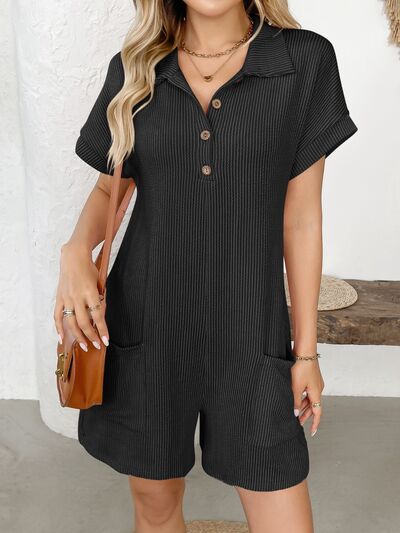 Button Detail Collared Neck Short Sleeve Romper - Munsieur