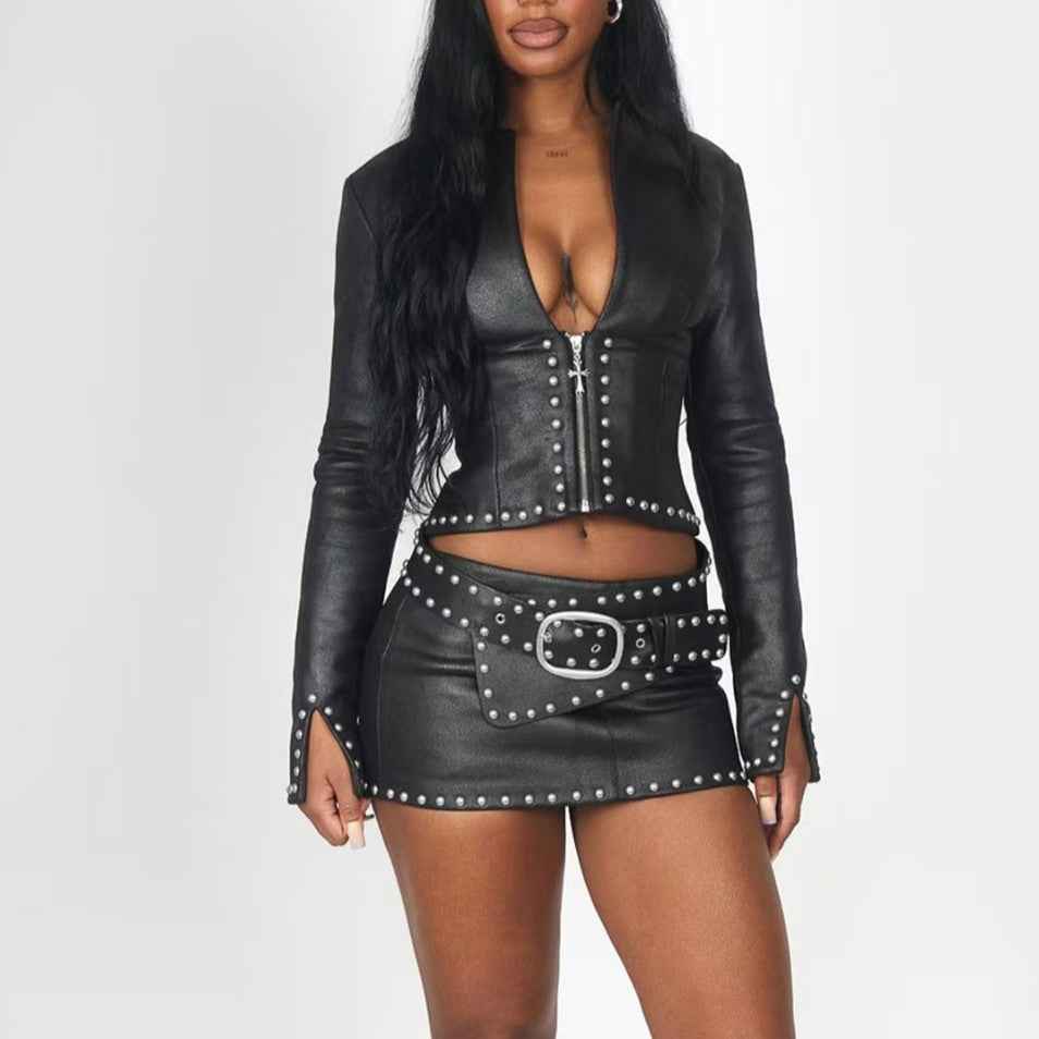 MUNSIEUR Summer Skirt Set Rivet Two Piece New Arrivals