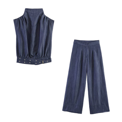 Casual Sleeveless Stand Collar Rivet Buckle Top and Jeans MUNSIEUR