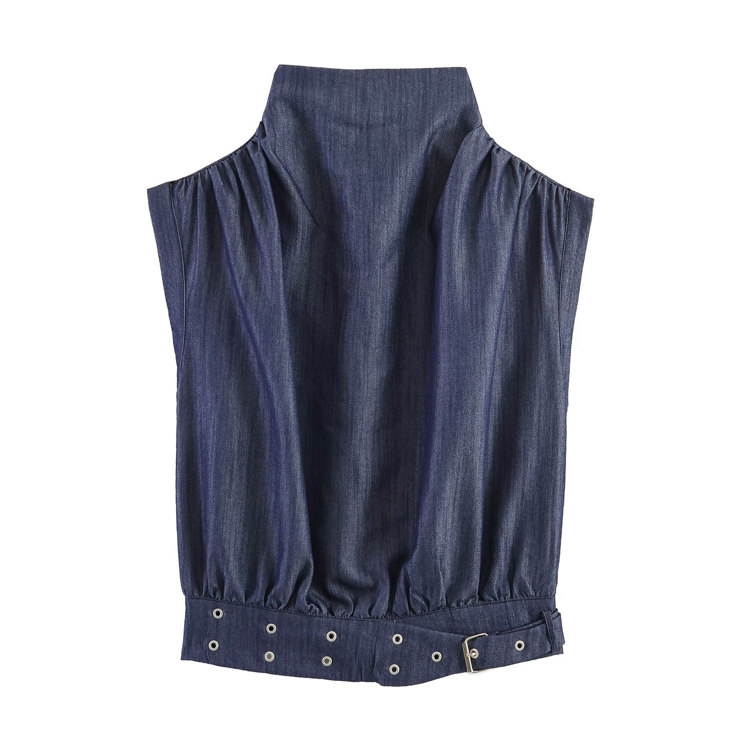 Casual Sleeveless Stand Collar Rivet Buckle Top and Jeans MUNSIEUR