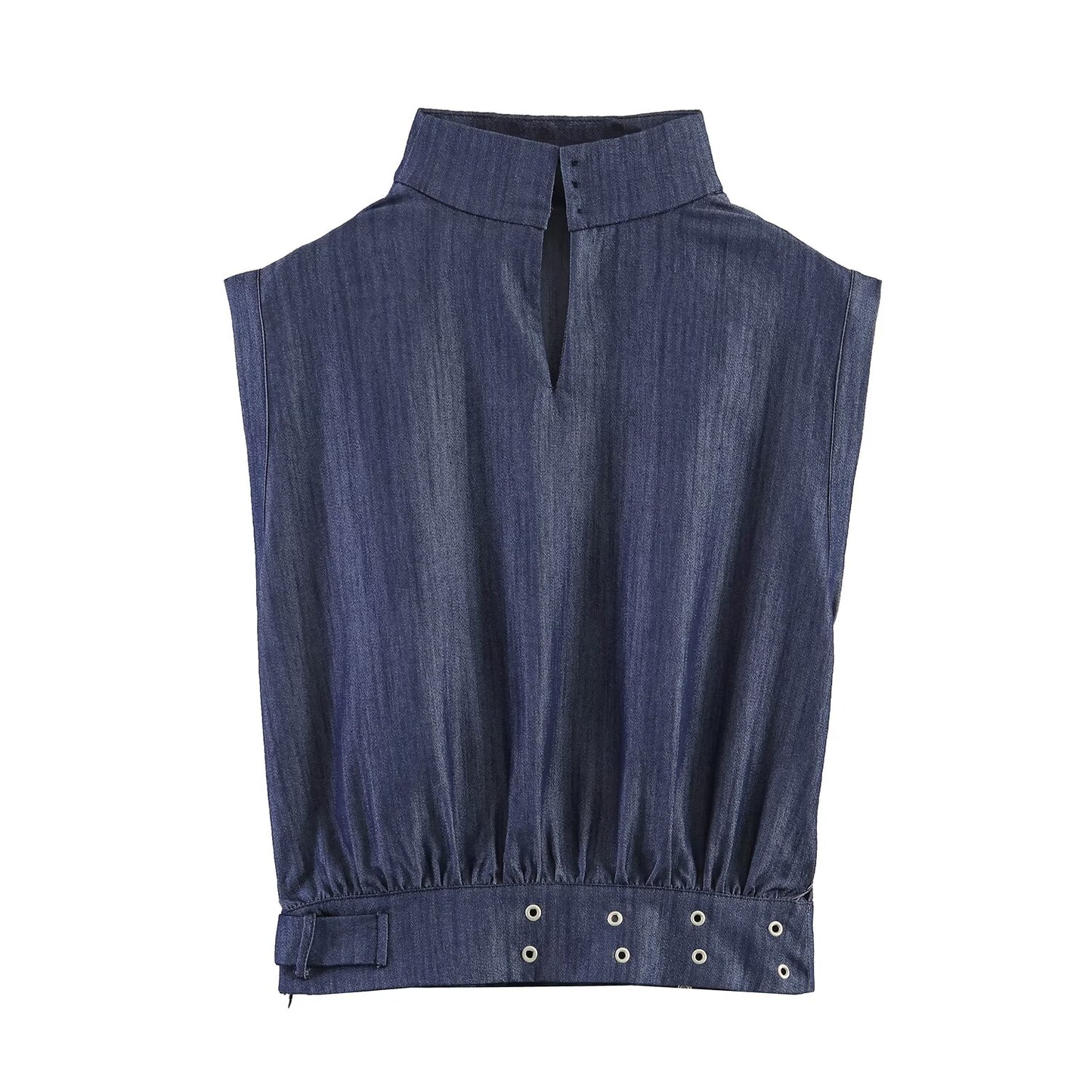 Casual Sleeveless Stand Collar Rivet Buckle Top and Jeans MUNSIEUR