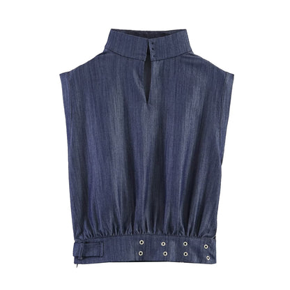Casual Sleeveless Stand Collar Rivet Buckle Top and Jeans MUNSIEUR