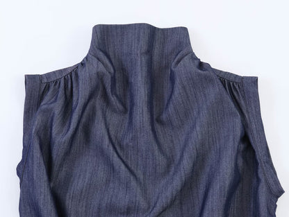 Casual Sleeveless Stand Collar Rivet Buckle Top and Jeans MUNSIEUR