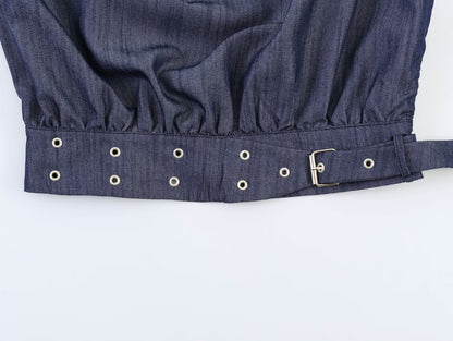 Casual Sleeveless Stand Collar Rivet Buckle Top and Jeans MUNSIEUR