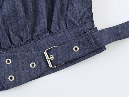 Casual Sleeveless Stand Collar Rivet Buckle Top and Jeans MUNSIEUR