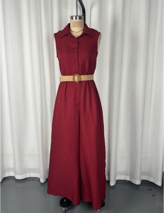 Women's Linen Summer Casual Sleeveless Jumpsuit with Buckle