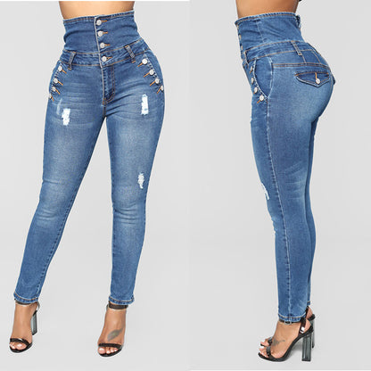 Ripped Jeans Women's High-Waist Denim Stretch Streetwear