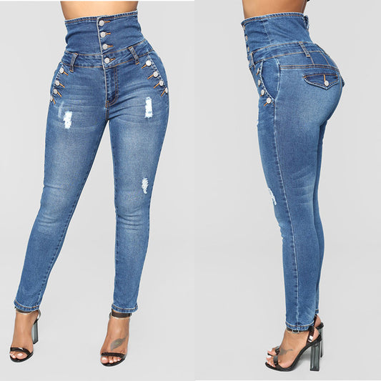 Ripped Jeans Women's High-Waist Denim Stretch Streetwear