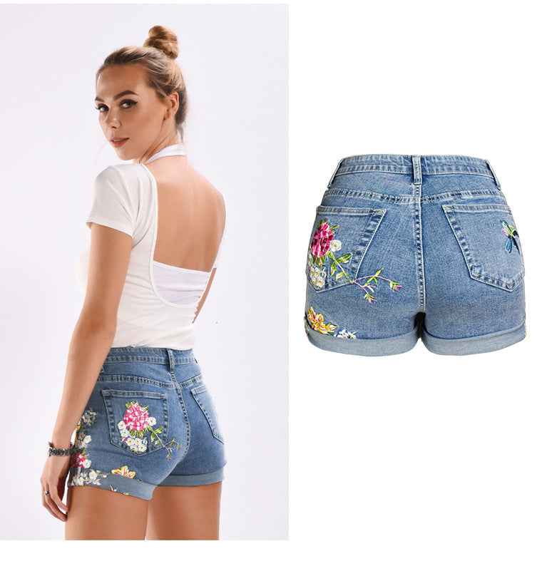 Stretch Bottoms for Women 3D Exquisite Embroidered Floral Denim