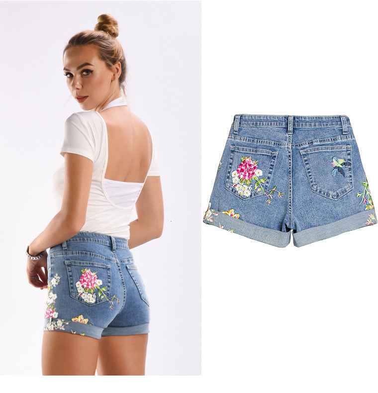 Stretch Bottoms for Women 3D Exquisite Embroidered Floral Denim