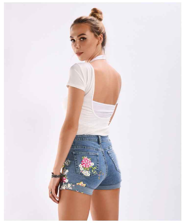 Stretch Bottoms for Women 3D Exquisite Embroidered Floral Denim