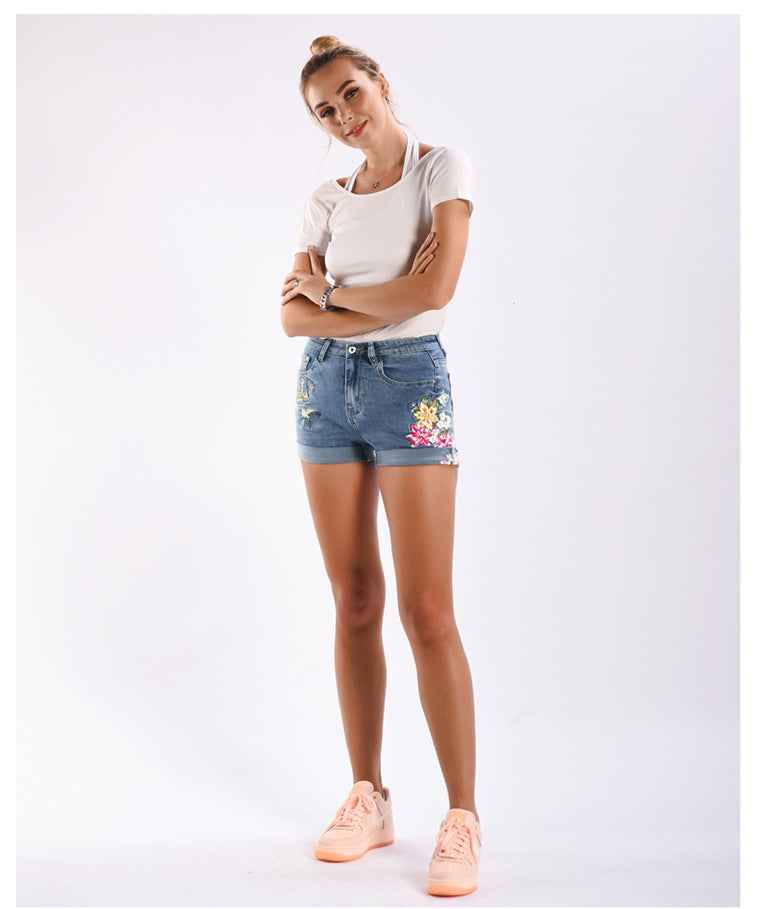 Stretch Bottoms for Women 3D Exquisite Embroidered Floral Denim