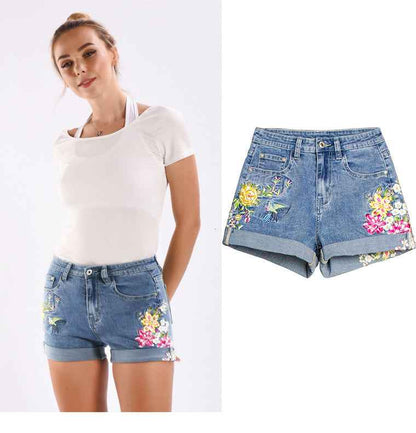 Stretch Bottoms for Women 3D Exquisite Embroidered Floral Denim