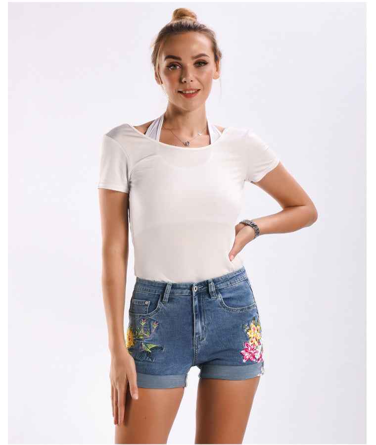 Stretch Bottoms for Women 3D Exquisite Embroidered Floral Denim