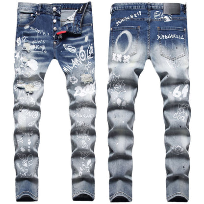 Men's Patchwork Random Line Embroidery Hole Patched Straight-leg Pants