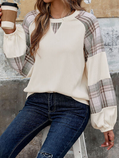 Perfee Plaid Round Neck Long Sleeve Sweatshirt for Women - Munsieur