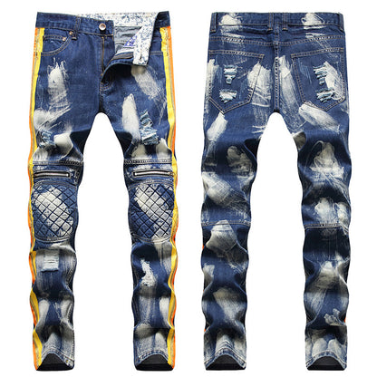Men's Denim Biker Pants Contrast Color Knee Protect