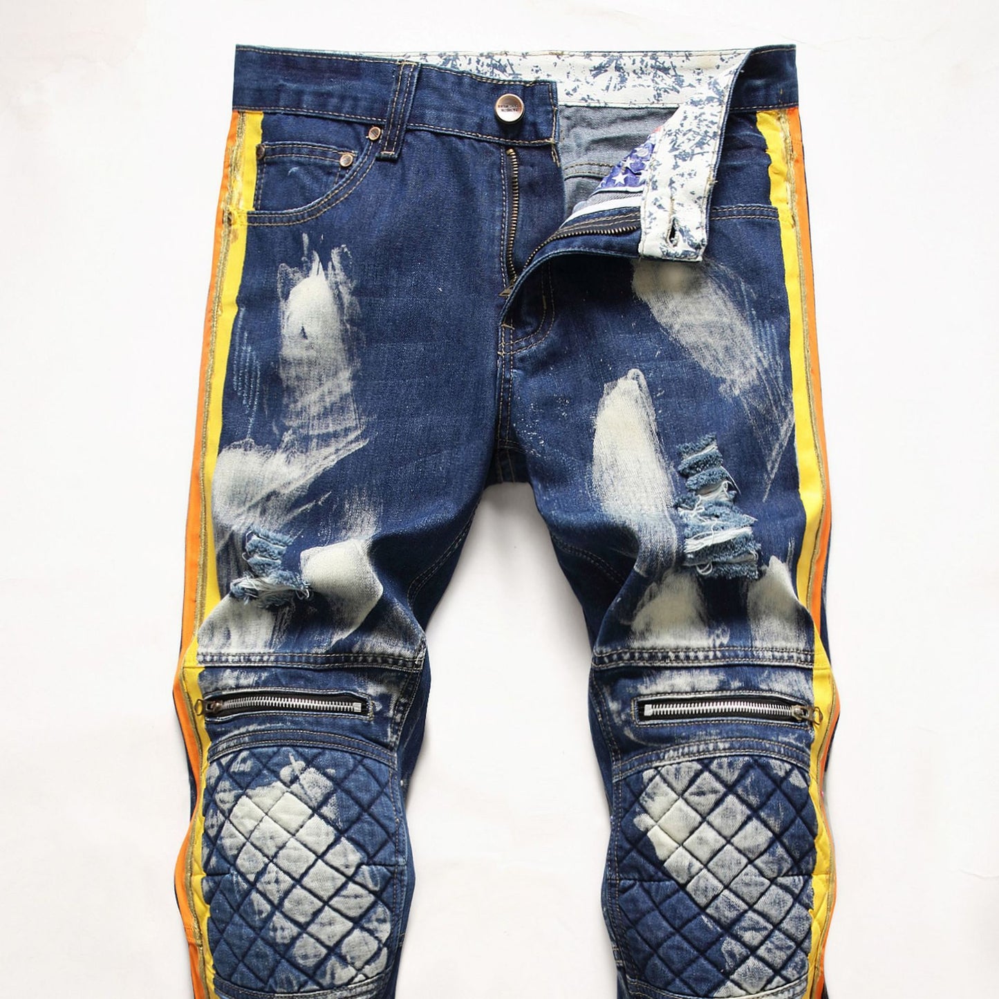 Men's Denim Biker Pants Contrast Color Knee Protect
