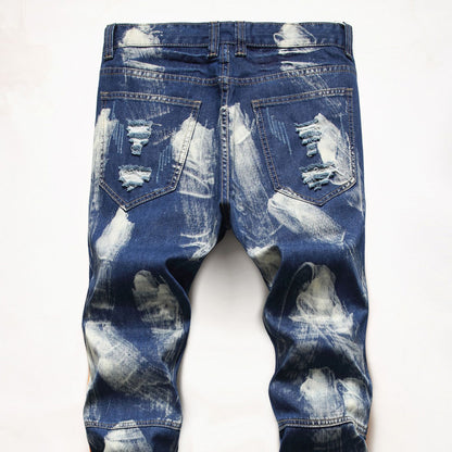 Men's Denim Biker Pants Contrast Color Knee Protect