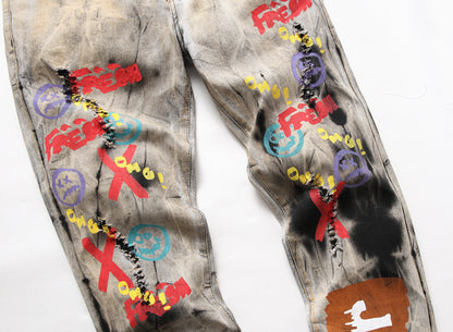 Men's Tie and Dye Letters 3D Printed Pants Fashion Holes Ripped Stretch Denim Pants Slim Straight