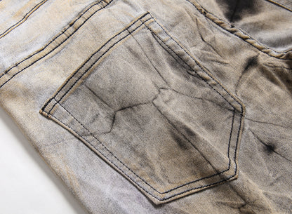 Men's Tie and Dye Letters 3D Printed Pants Fashion Holes Ripped Stretch Denim Pants Slim Straight