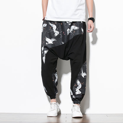 Chinese Style Crane Print Big Crotch Cotton and Linen Casual Joggers