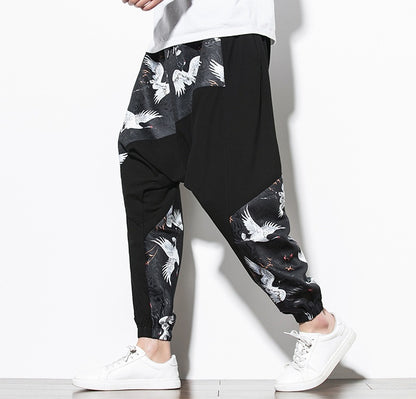 Chinese Style Crane Print Big Crotch Cotton and Linen Casual Joggers
