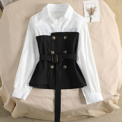 Women's Blouse Loose Spring Two-piece Blouse Stitching POLO Collar Western Style Bandage