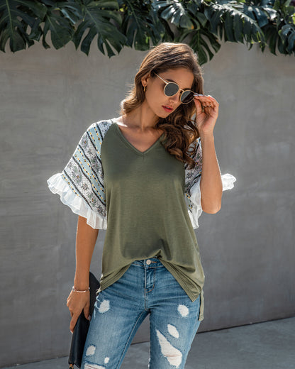 Stitched Chiffon Ruffled V-neck Blouse