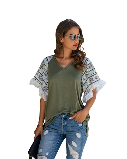 Stitched Chiffon Ruffled V-neck Blouse