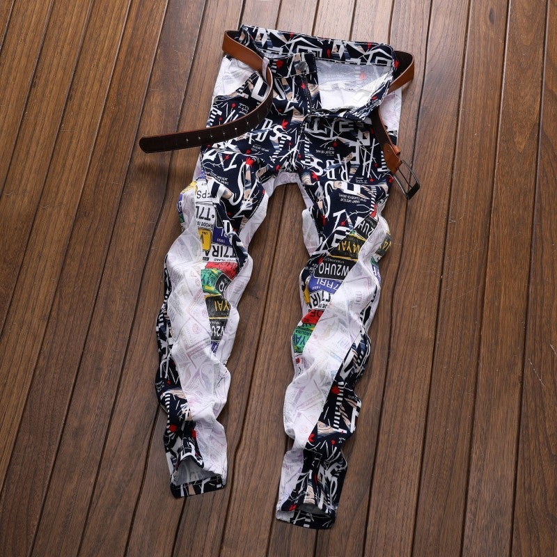 Men's Letters Printed Patchwork White Pants