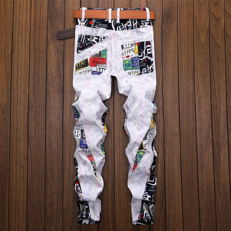 Men's Letters Printed Patchwork White Pants