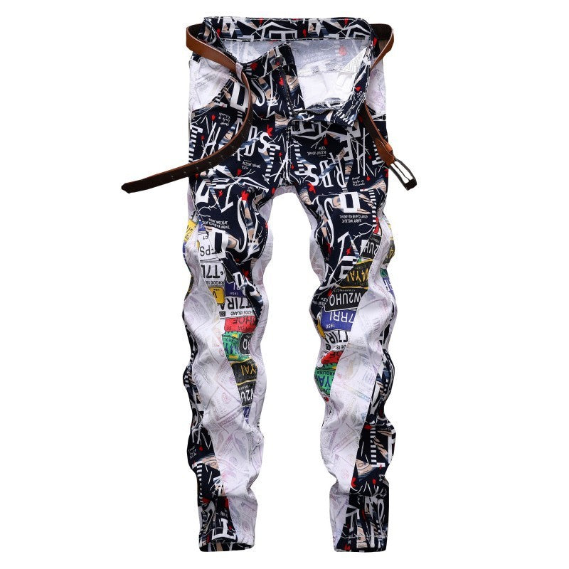 Men's Letters Printed Patchwork White Pants