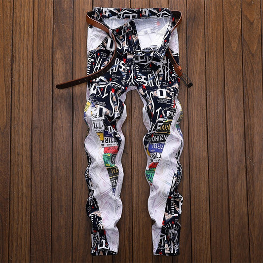 Men's Letters Printed Patchwork White Pants
