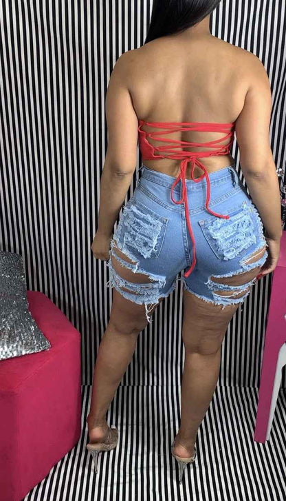 Ripped Stretch Denim Bottoms for Women