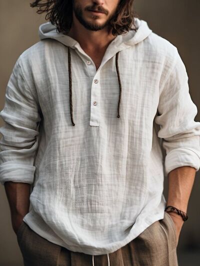 Men's Full Size Half Button Long Sleeve Hoodie - Munsieur