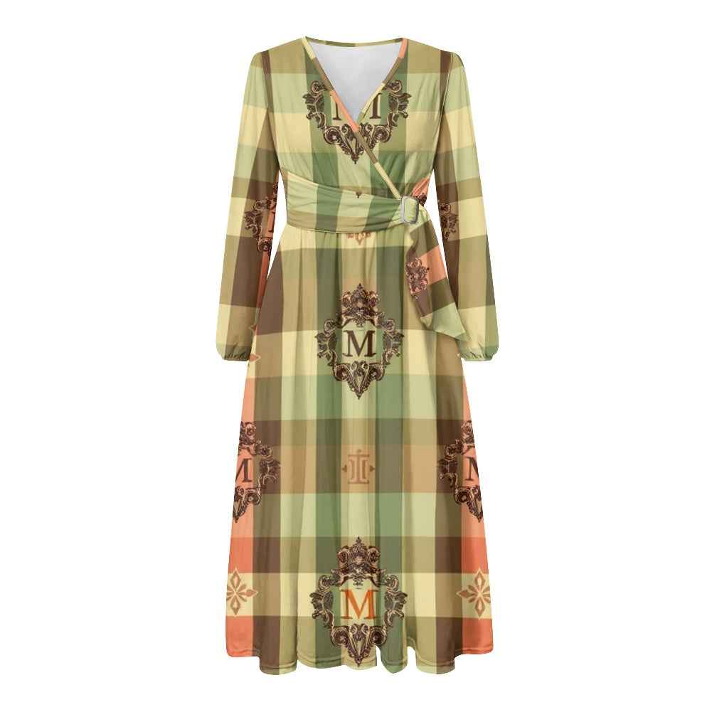 V-Neck Long Sleeve Tie Waist Midi Dress