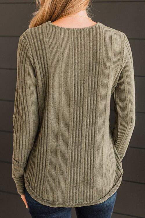 Ribbed Buttoned Long Sleeve Blouse - Munsieur