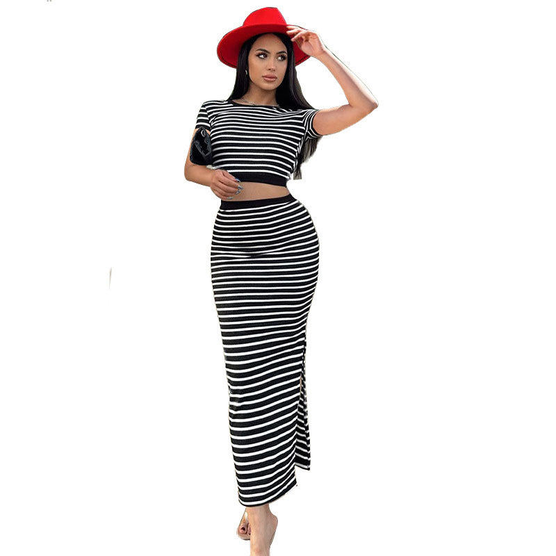 Women's Skirt Set Sunken Stripe Casual Striped Backless Top Slim-fit Skirt Set