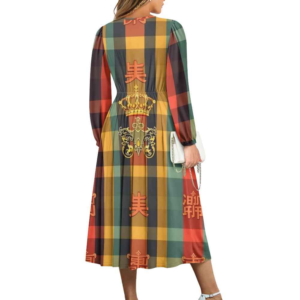 V-Neck Long Sleeve Tie Waist Midi Dress