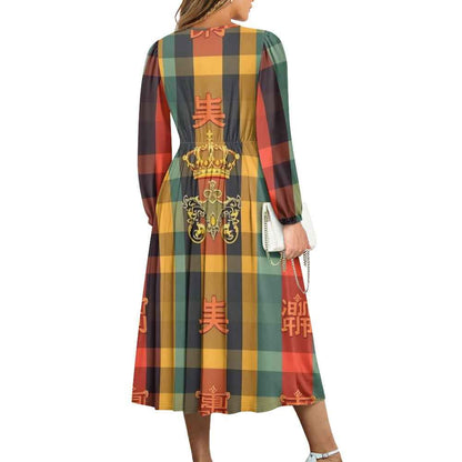 V-Neck Long Sleeve Tie Waist Midi Dress