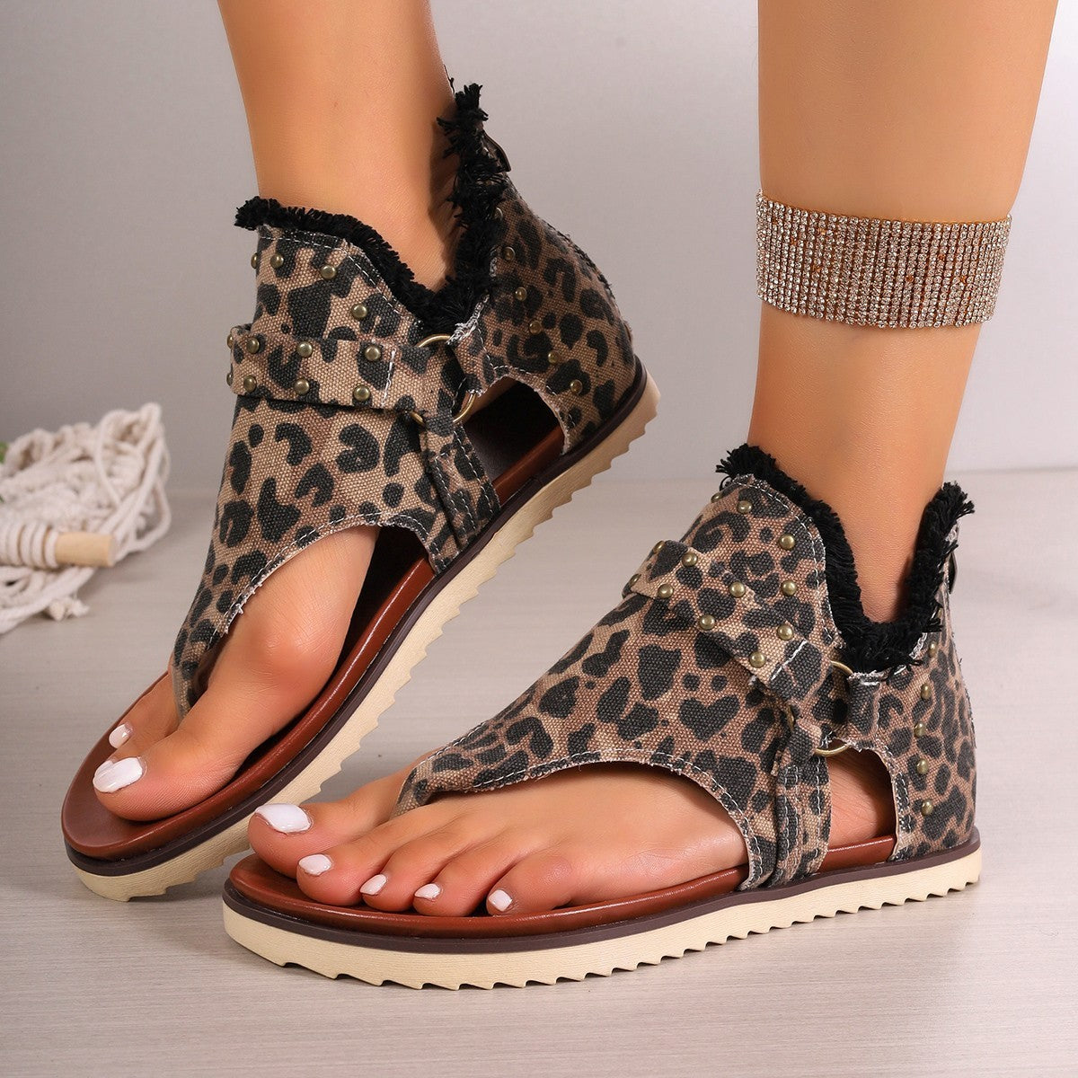 Women's Denim Sandals With Rear Zipper Summer Retro Beach Flats