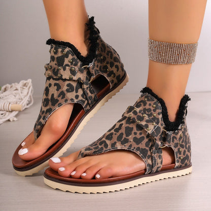 Women's Denim Sandals With Rear Zipper Summer Retro Beach Flats